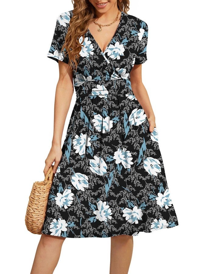 WEACZZY Womens Sundresses Short Sleeve Sexy V Neck Cross Wrap Summer Midi Dresses,Floral Lily,M - Image 1